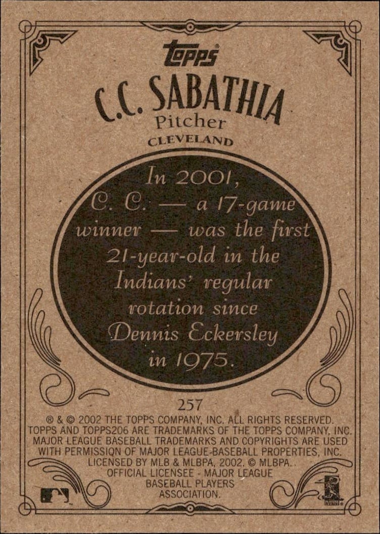 2002 Topps 206 CC Sabathia #257 baseball trading card back