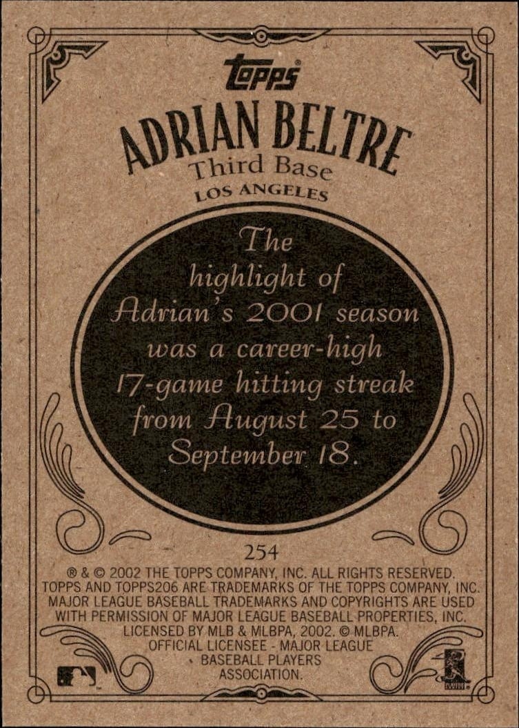 2002 Topps 206 Adrian Beltre #254 baseball trading card back