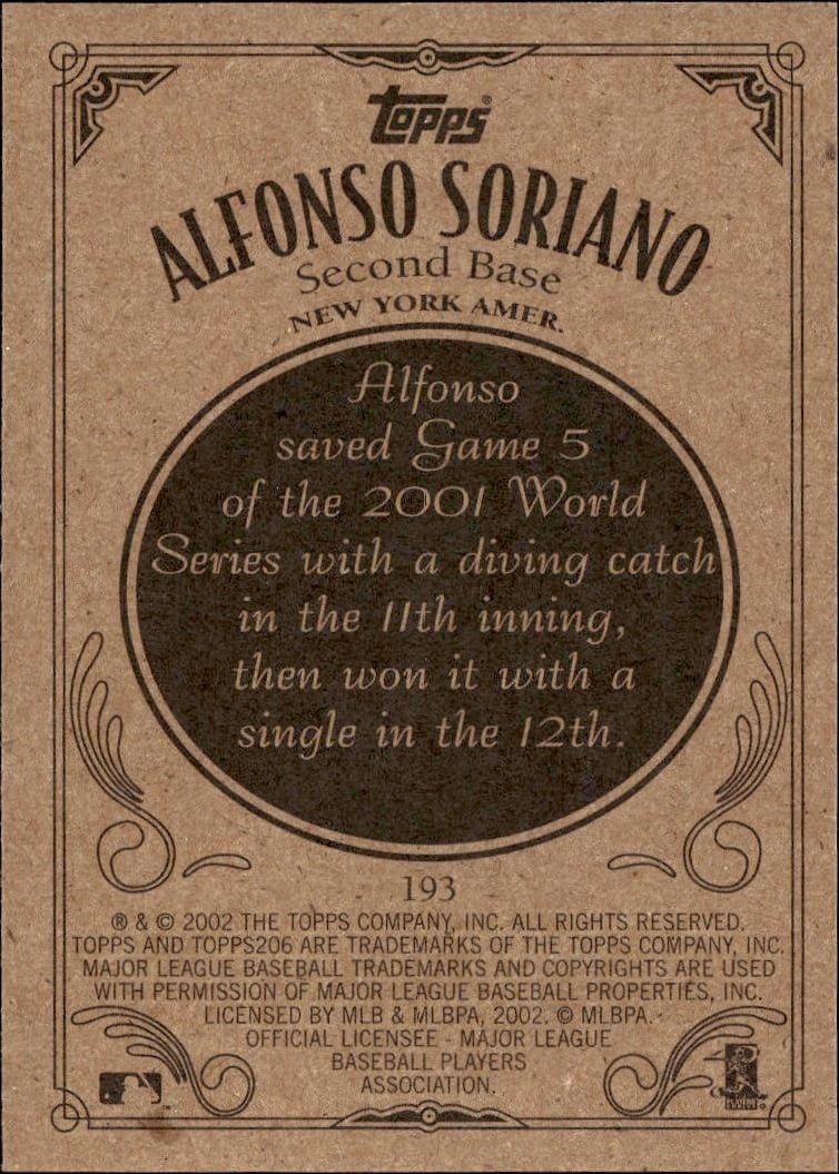 2002 Topps 206 Alfonso Soriano #193 baseball trading card back