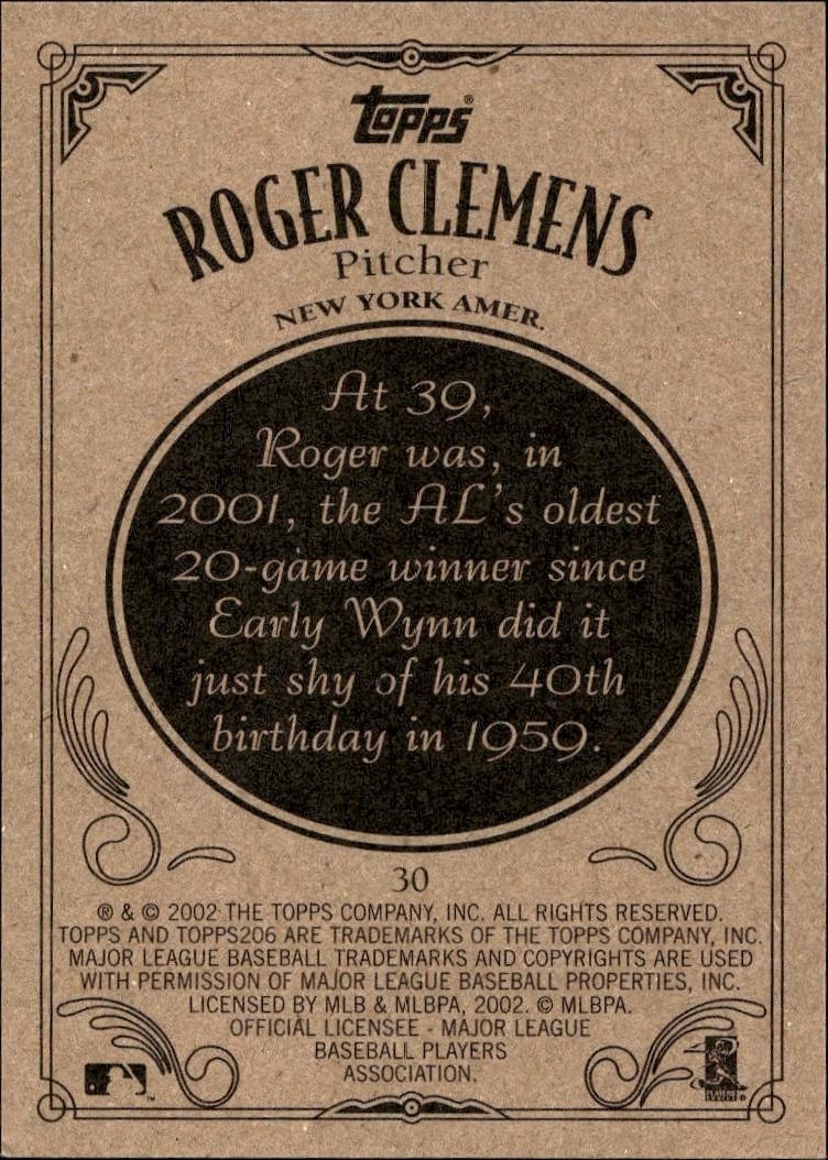 2002 Topps 206 Roger Clemens #30 baseball trading card back
