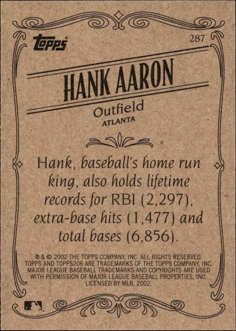 2002 Topps 206 Hank Aaron #287 baseball trading card back