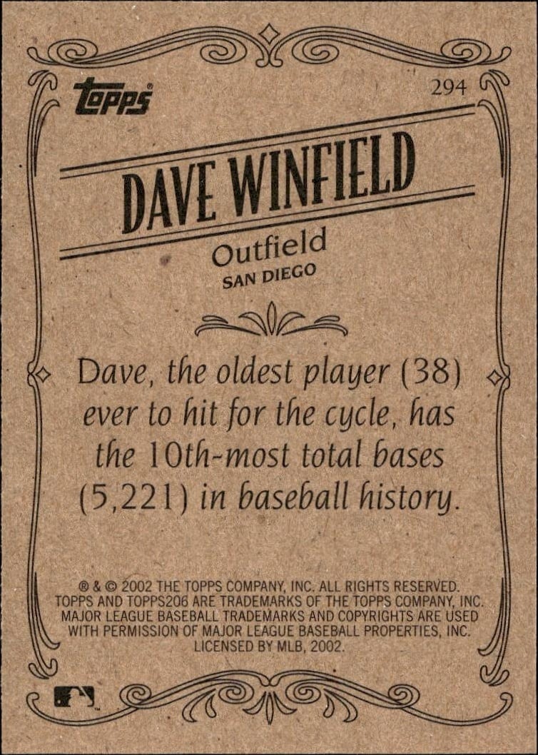 2002 Topps 206 Dave Winfield #294 baseball trading card back