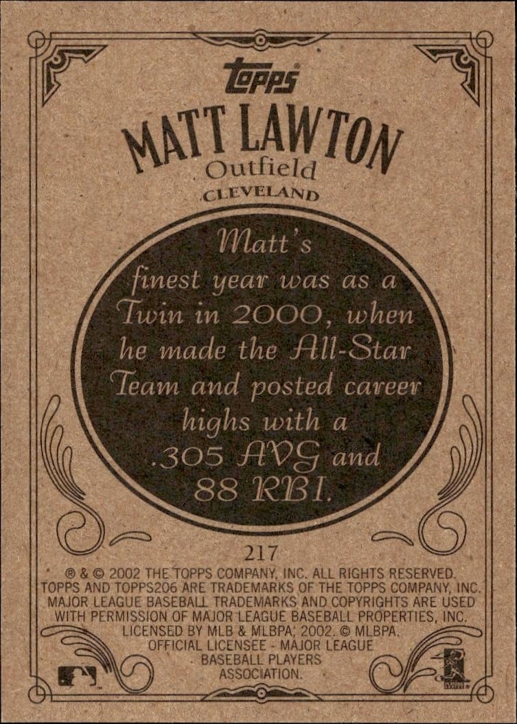 2002 Topps 206 Matt Lawton #217 baseball trading card back