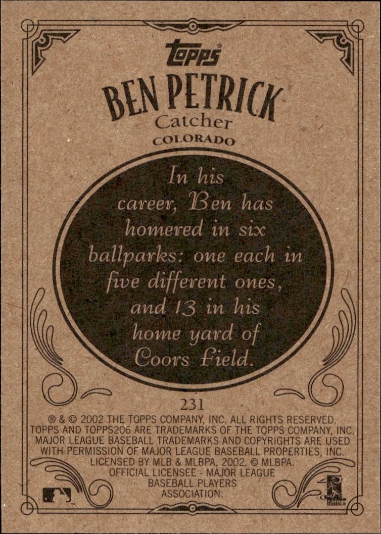 2002 Topps 206 Ben Petrick #231 baseball trading card back
