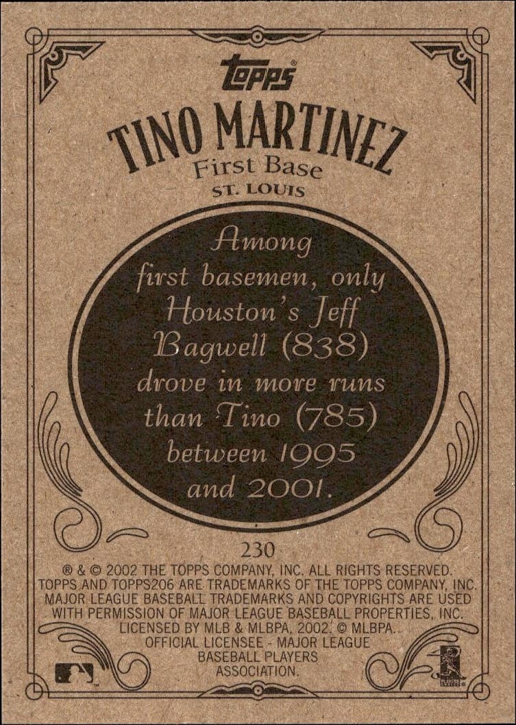 2002 Topps 206 Tino Martinez #230 baseball trading card back