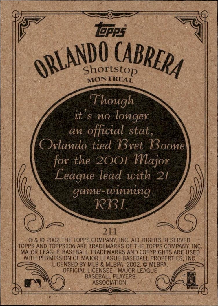 2002 Topps 206 Orlando Cabrera #211 baseball trading card back