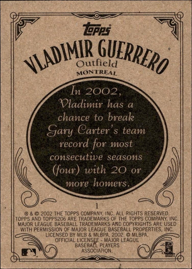 2002 Topps 206 Vladimir Guerrero #1 baseball trading card back