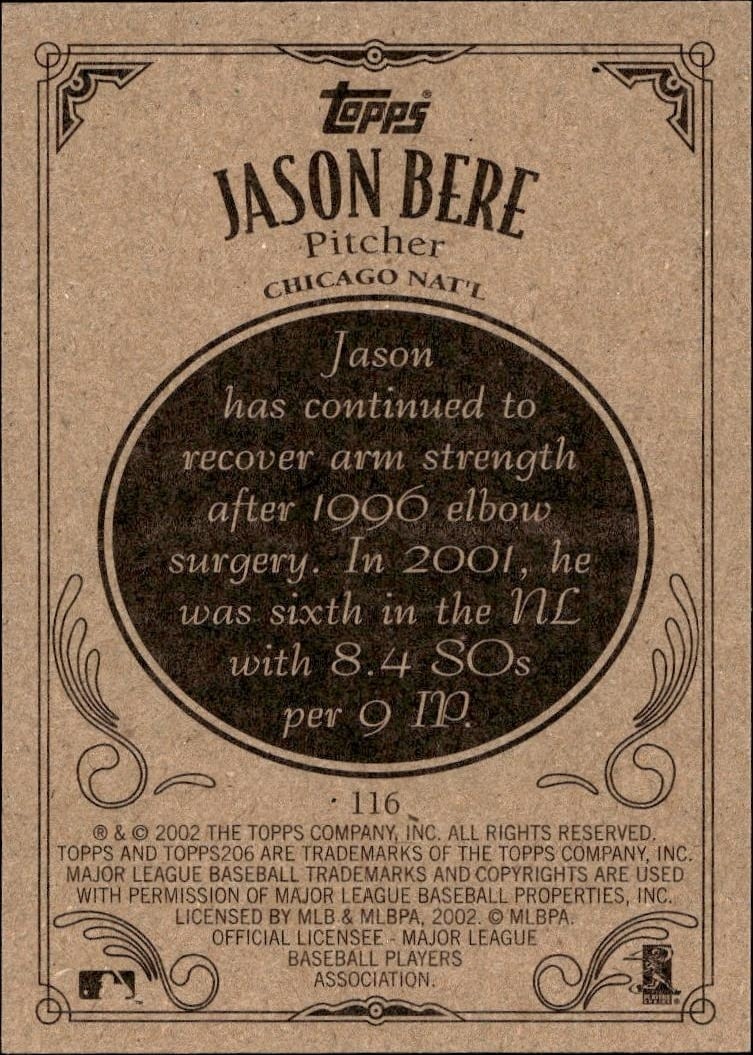 2002 Topps 206 Jason Bere #116 baseball trading card back