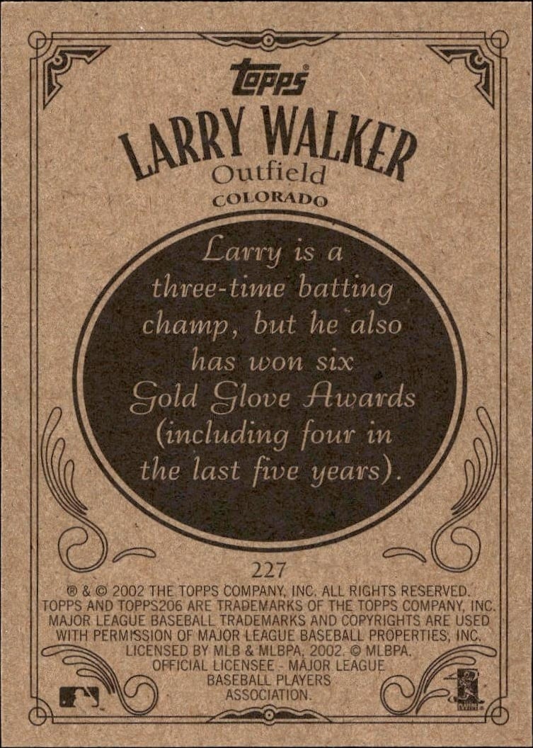 2002 Topps 206 Larry Walker #227 baseball trading card back