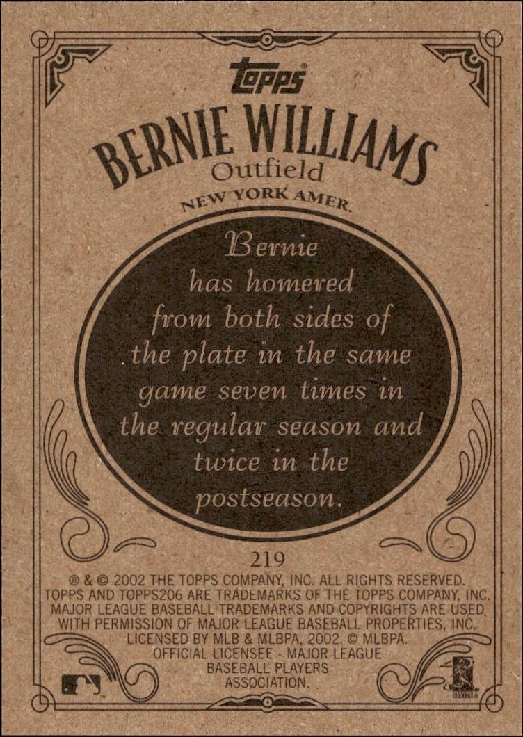 2002 Topps 206 Bernie Williams #219 baseball trading card back