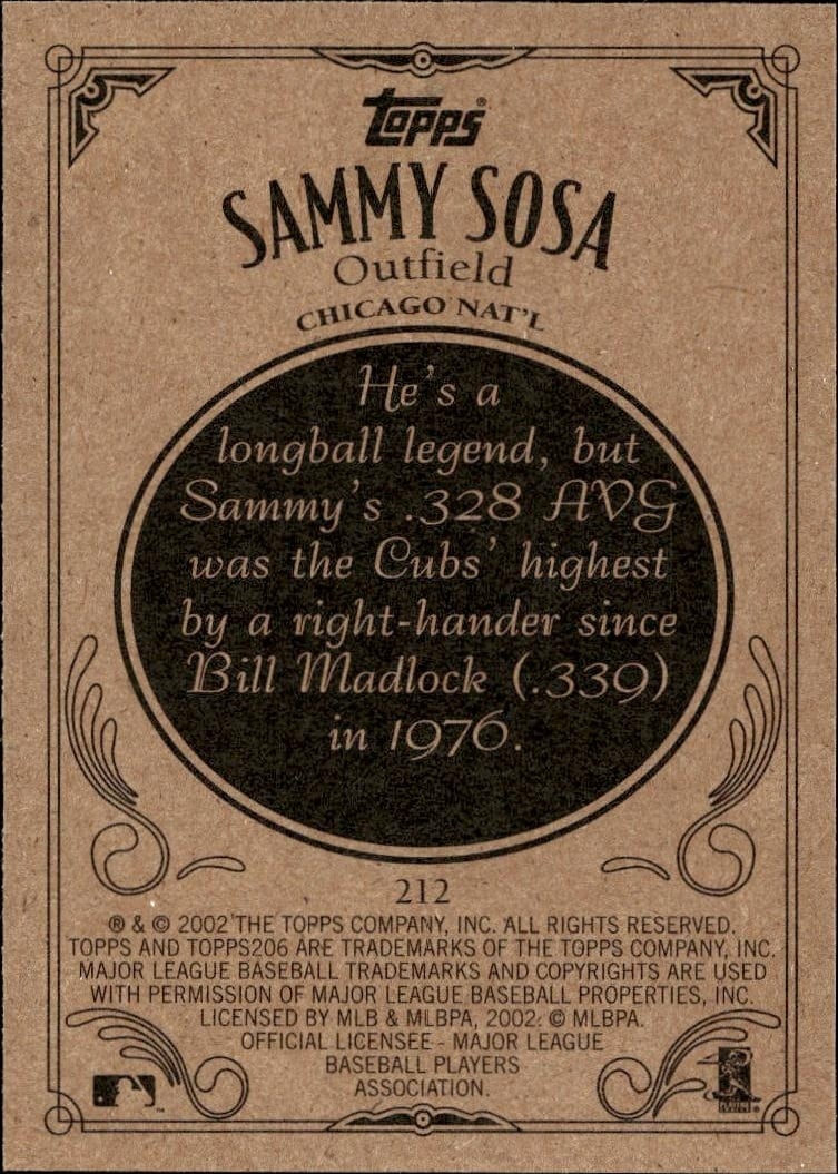 2002 Topps 206 Sammy Sosa #212 baseball trading card back