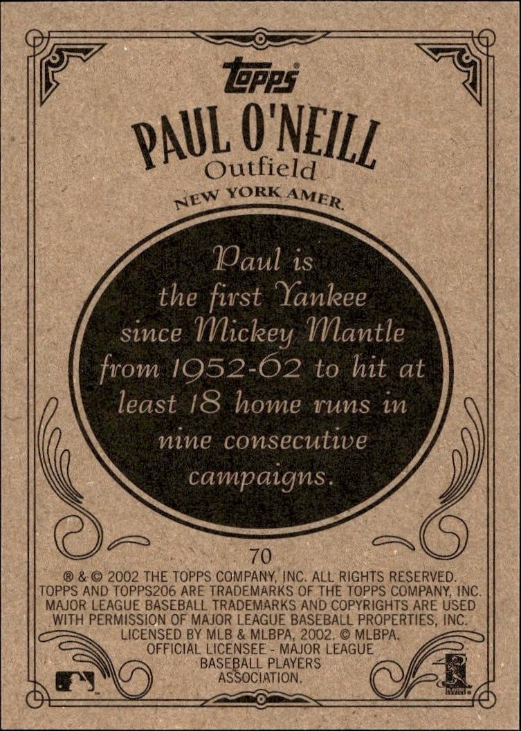 2002 Topps 206 Paul O'Neill #70 baseball trading card back