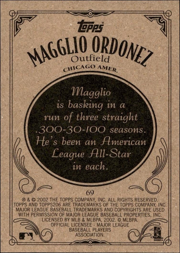 2002 Topps 206 Magglio Ordonez #69 baseball trading card back