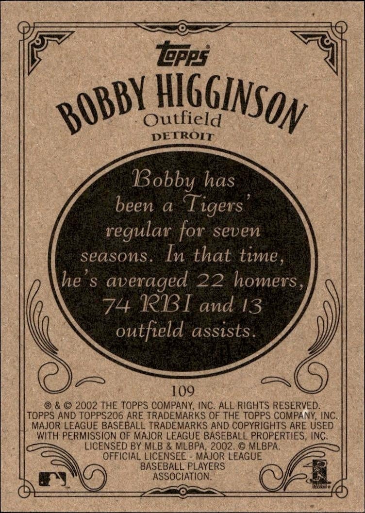 2002 Topps 206 Bobby Higginson #109 baseball trading card back