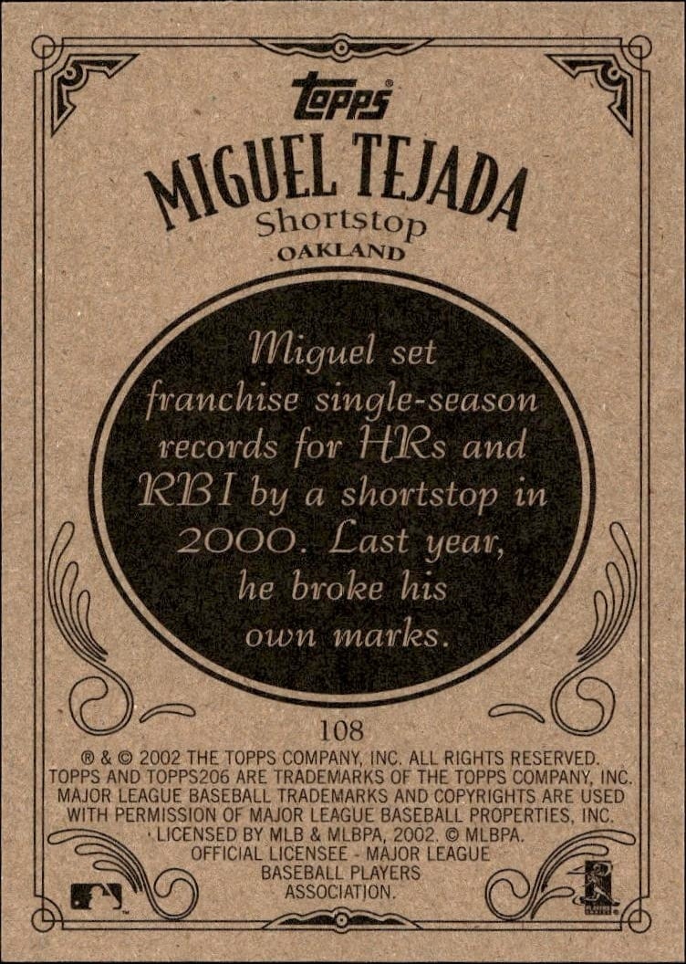2002 Topps 206 Miguel Tejada #108 baseball trading card back