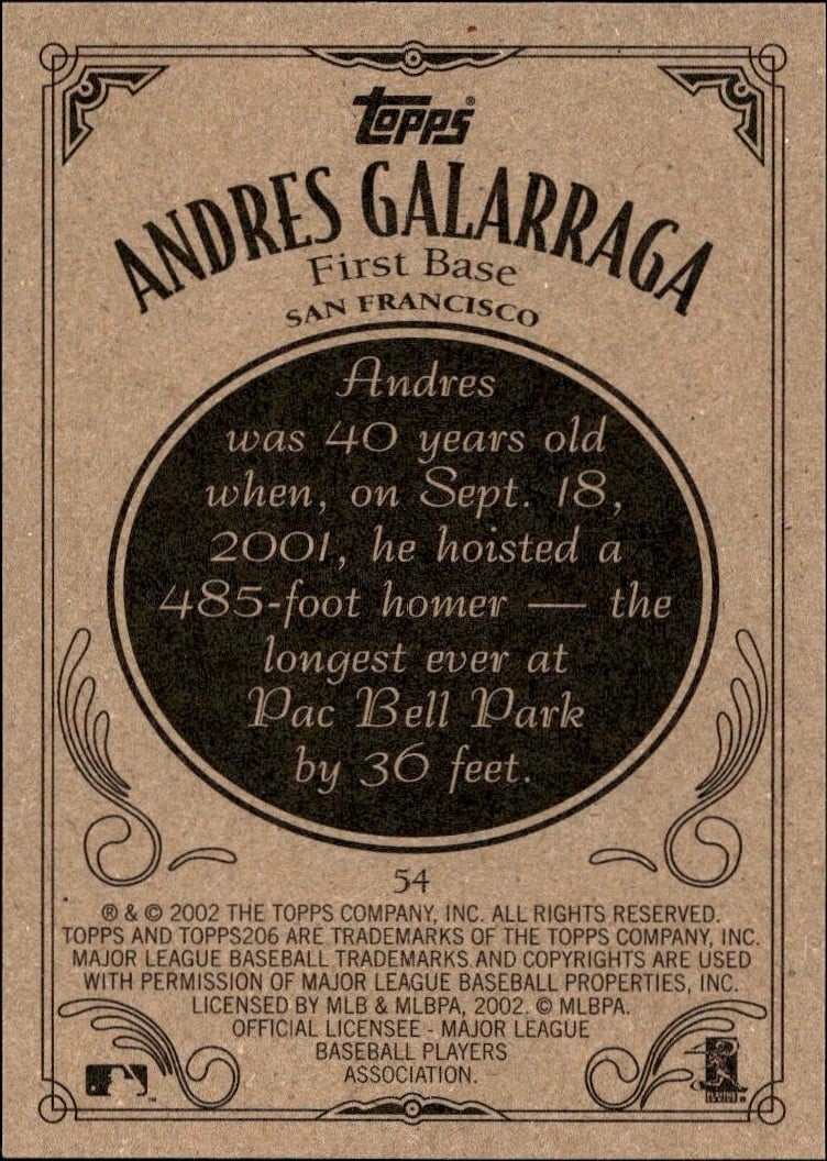 2002 Topps 206 Andres Galarraga #54 baseball trading card back