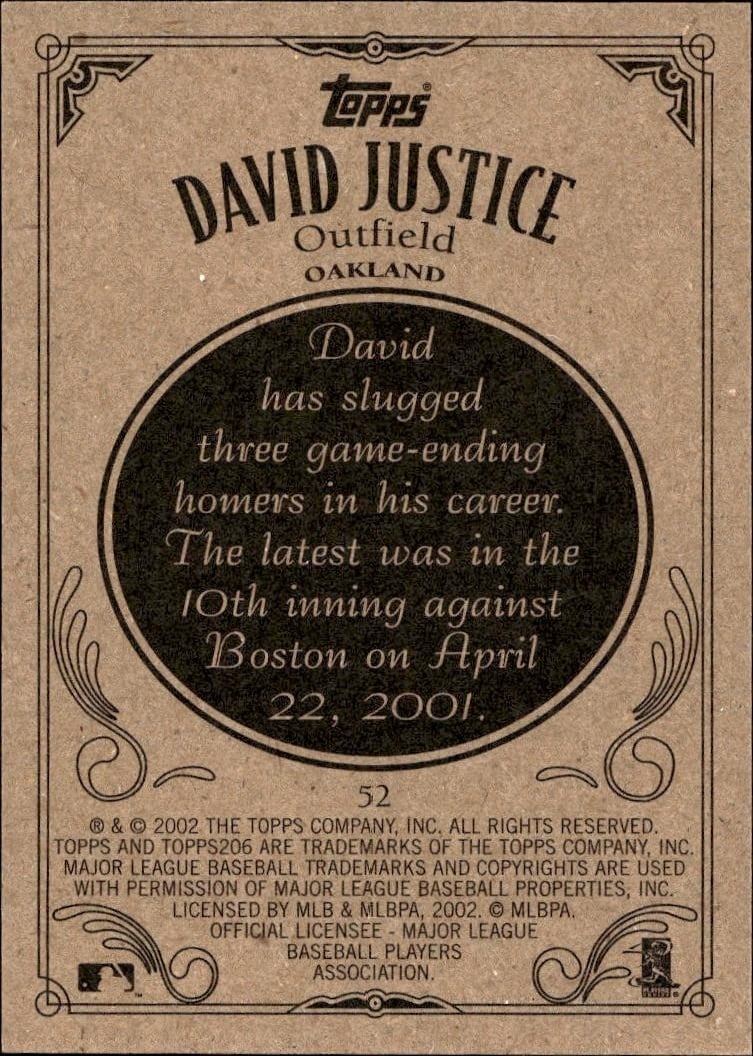 2002 Topps 206 David Justice #52 baseball trading card back