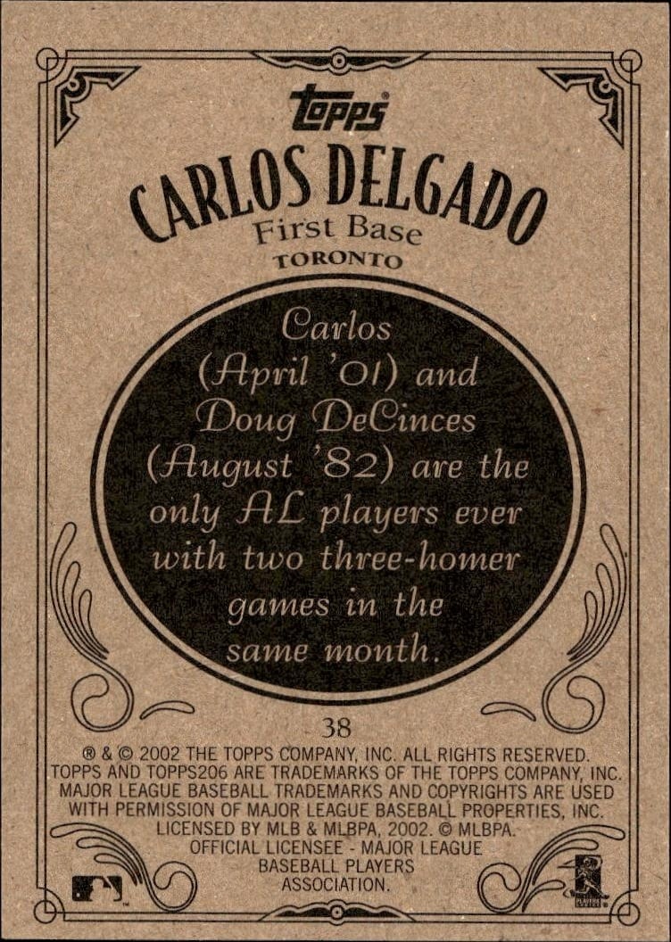 2002 Topps 206 Carlos Delgado #38 baseball trading card back