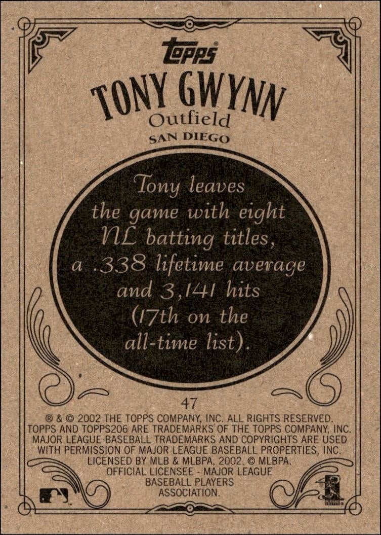 2002 Topps 206 Tony Gwynn #47 baseball trading card back