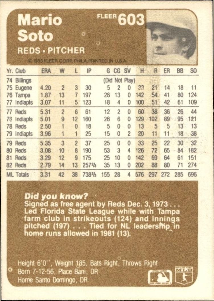 1983 Fleer Mario Soto #603 baseball trading card back