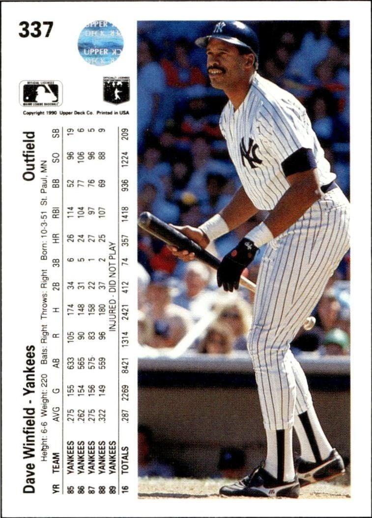 1990 Upper Deck Dave Winfield #337 baseball trading card back