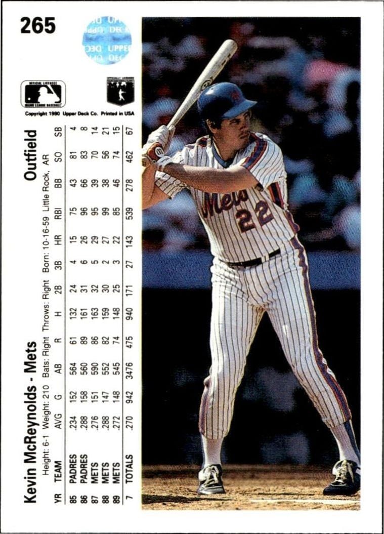 1990 Upper Deck Kevin McReynolds #265 baseball trading card back