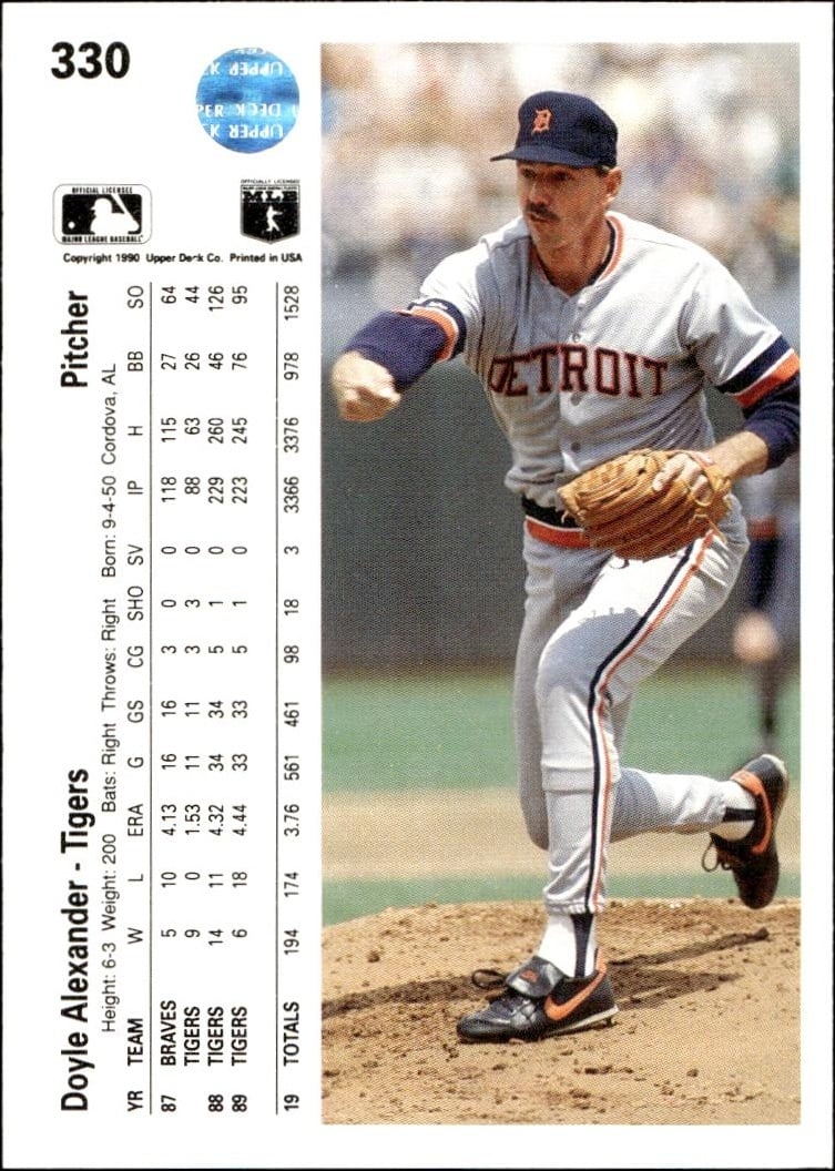 1990 Upper Deck Doyle Alexander #330 baseball trading card back