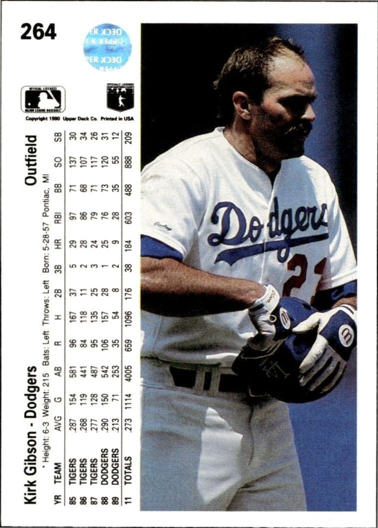 1990 Upper Deck Kirk Gibson #264 baseball trading card back