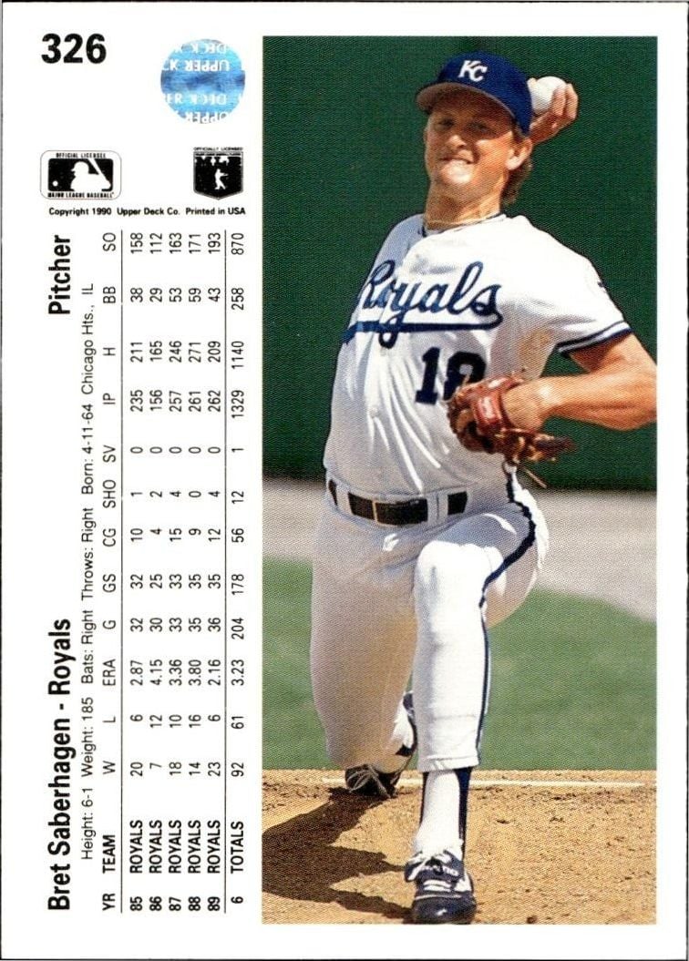 1990 Upper Deck Bret Saberhagen #326 baseball trading card back