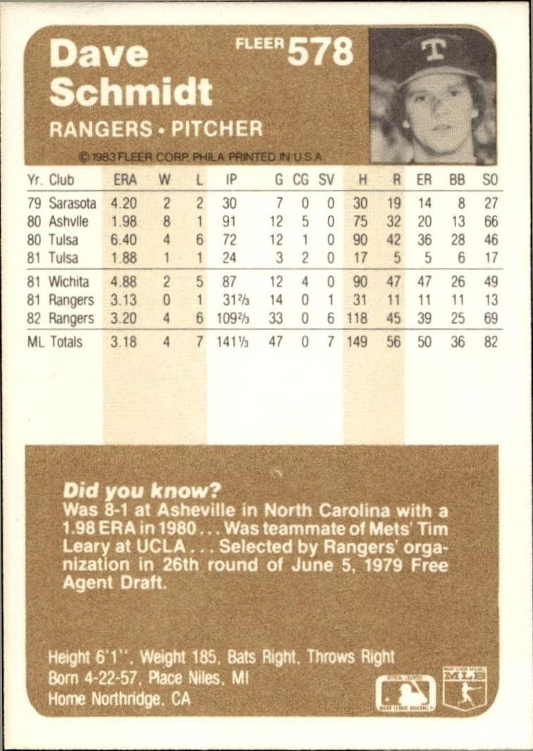 1983 Fleer Dave Schmidt #578 baseball trading card back