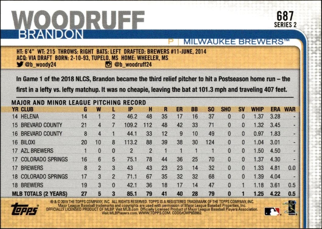 2019 Topps Series 2 Brandon Woodruff #687 baseball trading card back