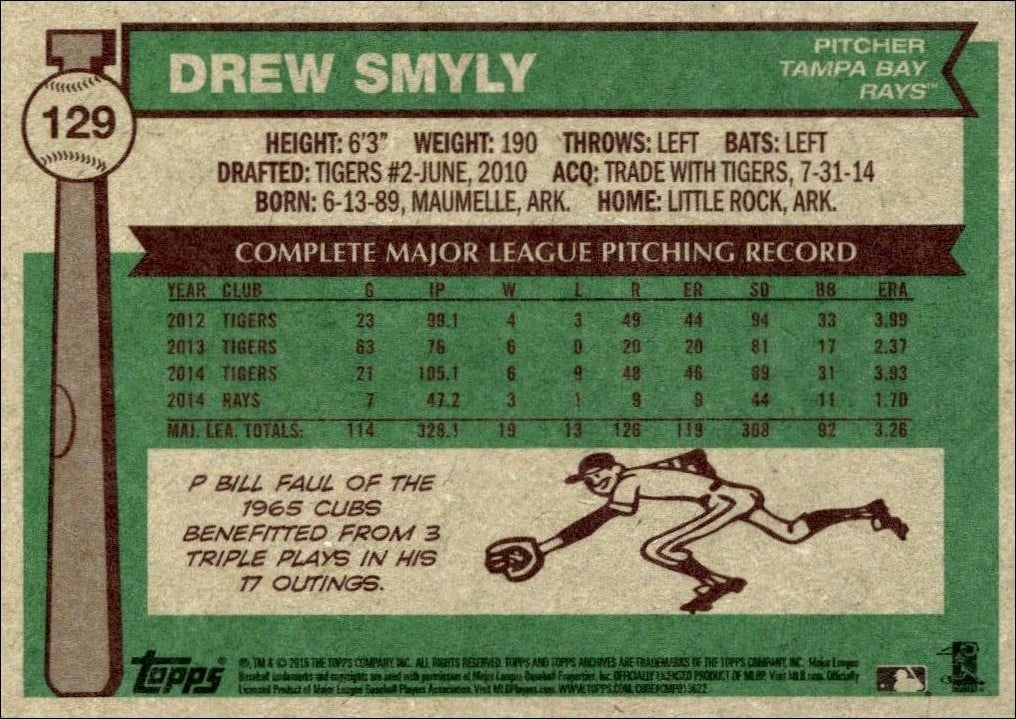 2015 Topps Archives Drew Smyly #129 baseball trading card back