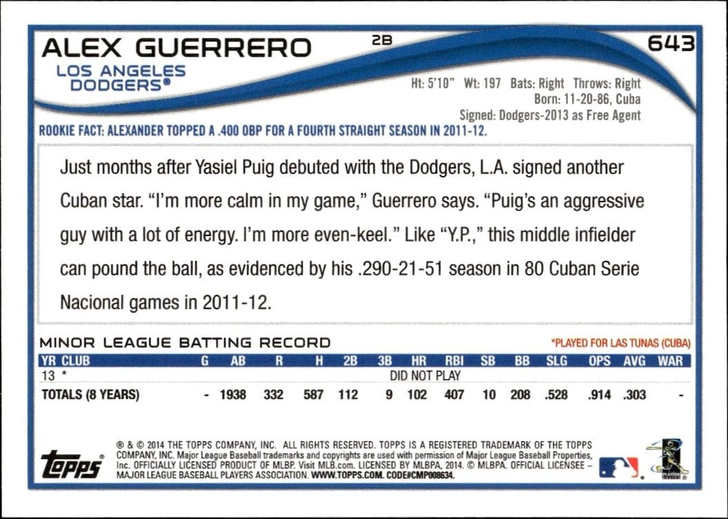 2014 Topps Series 2 Alex Guerrero #643 baseball trading card back