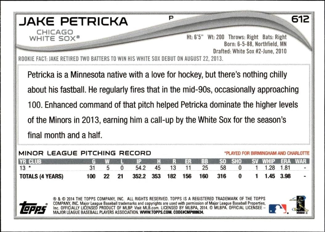 2014 Topps Series 2 Jake Petricka #612 baseball trading card back