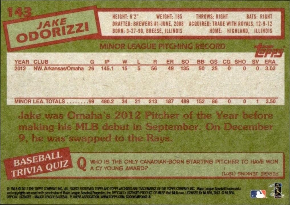 2013 Topps Archives Jake Odorizzi #143 baseball trading card back
