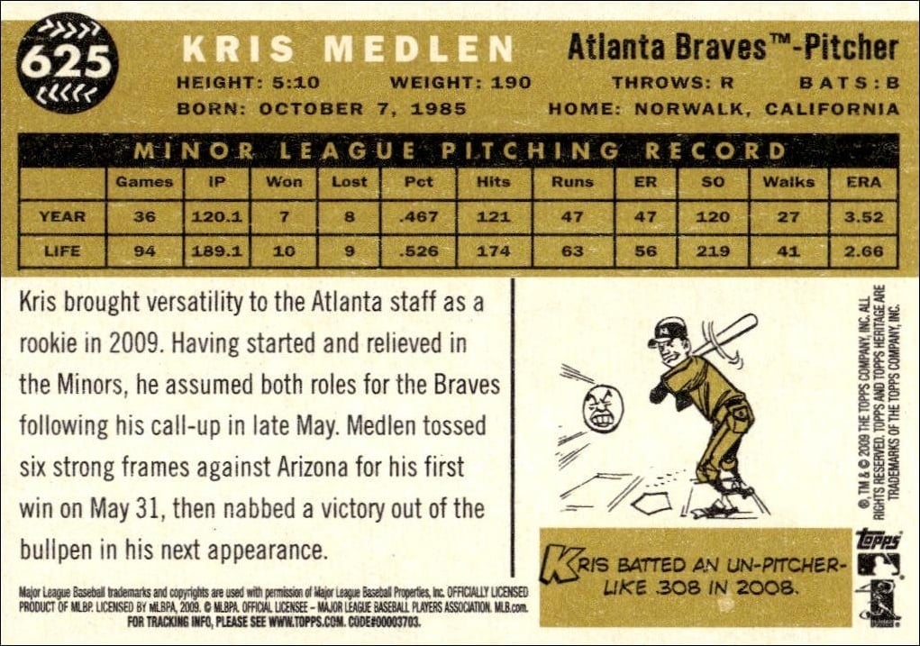 2009 Topps Heritage Kris Medlen #625 baseball trading card back