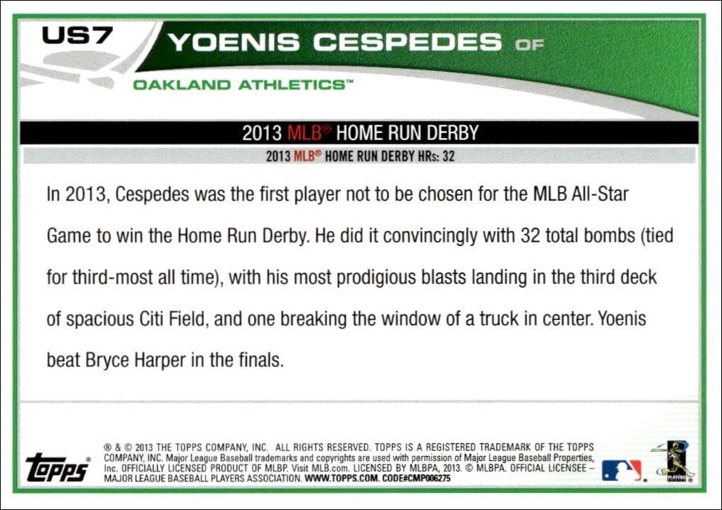 2013 Topps Update Yoenis Cespedes #US7 baseball trading card back