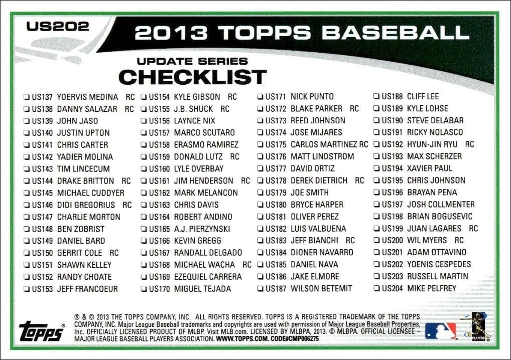 2013 Topps Update Yoenis Cespedes #US202 baseball trading card back