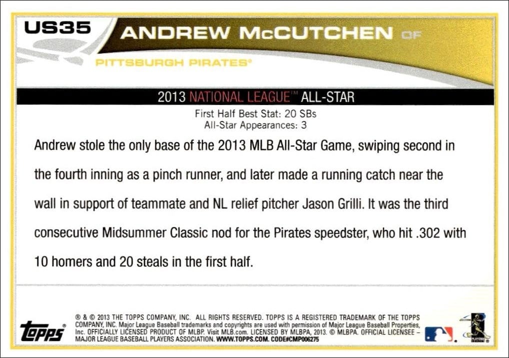 2013 Topps Update Andrew McCutchen #US35 baseball trading card back