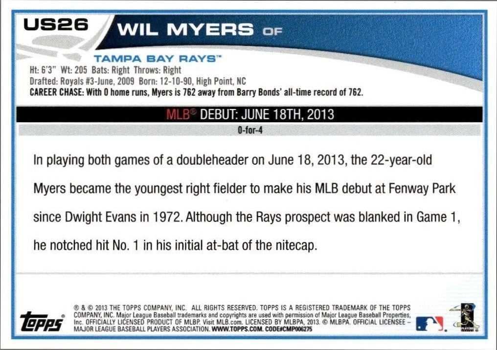 2013 Topps Update Wil Myers #US26 baseball trading card back