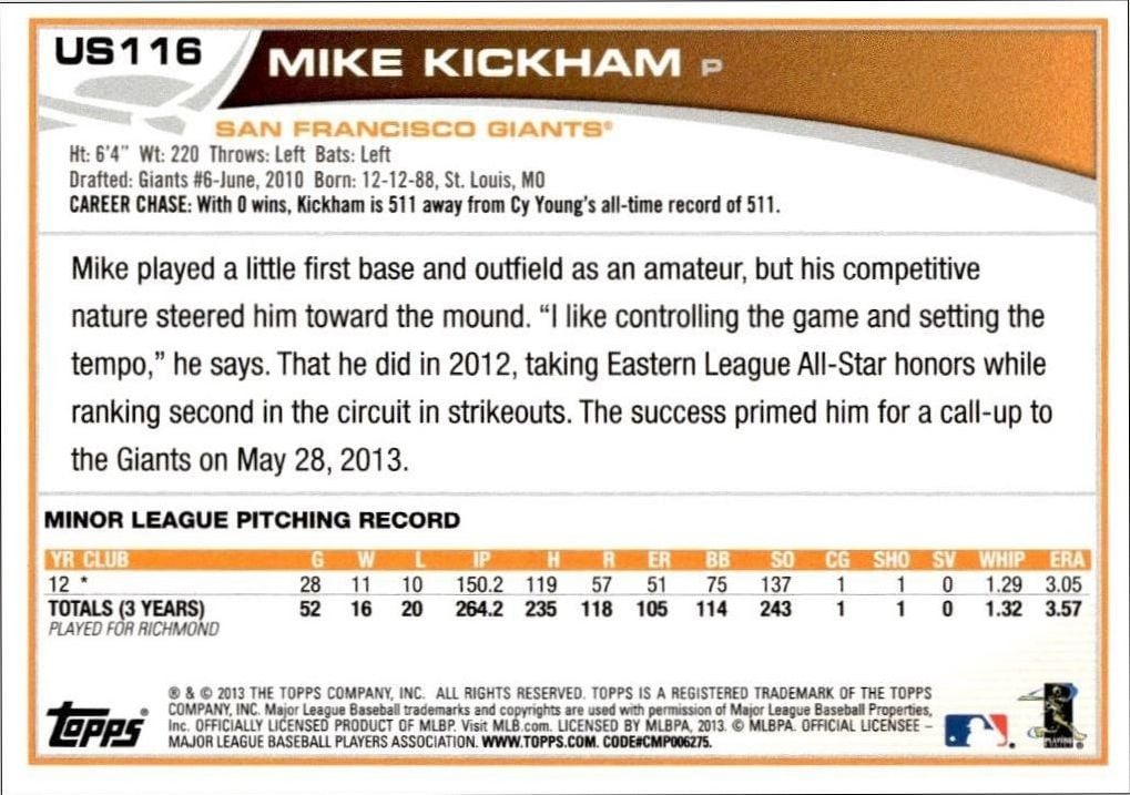2013 Topps Update Mike Kickham #US116 baseball trading card back
