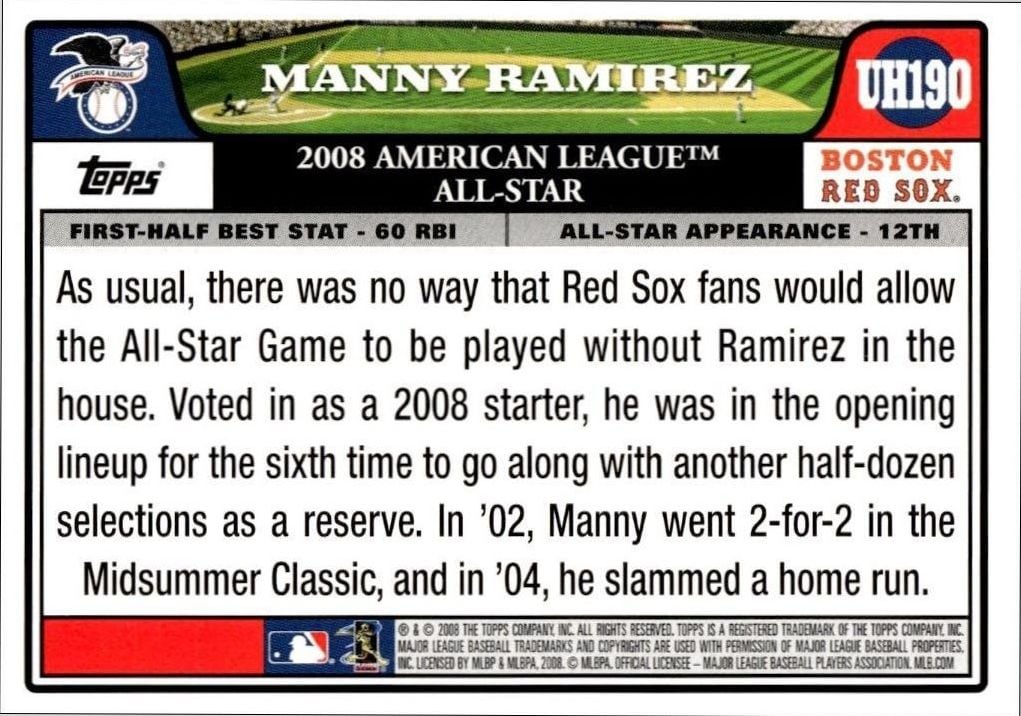2008 Topps Updates & Highlights Manny Ramirez #UH190 baseball trading card back