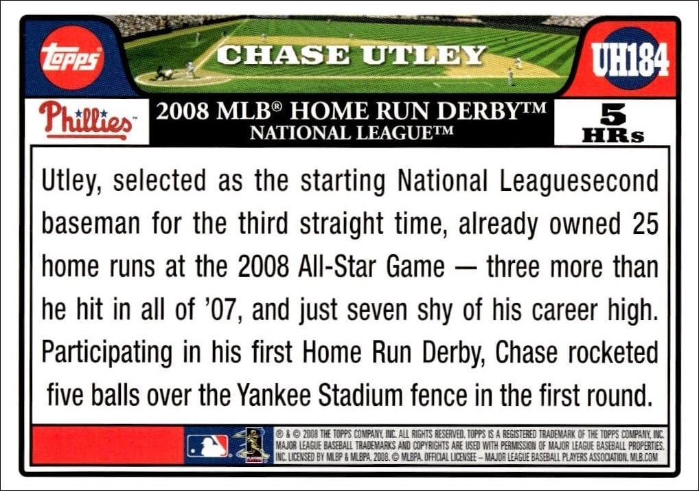2008 Topps Updates & Highlights Chase Utley #UH184 baseball trading card back