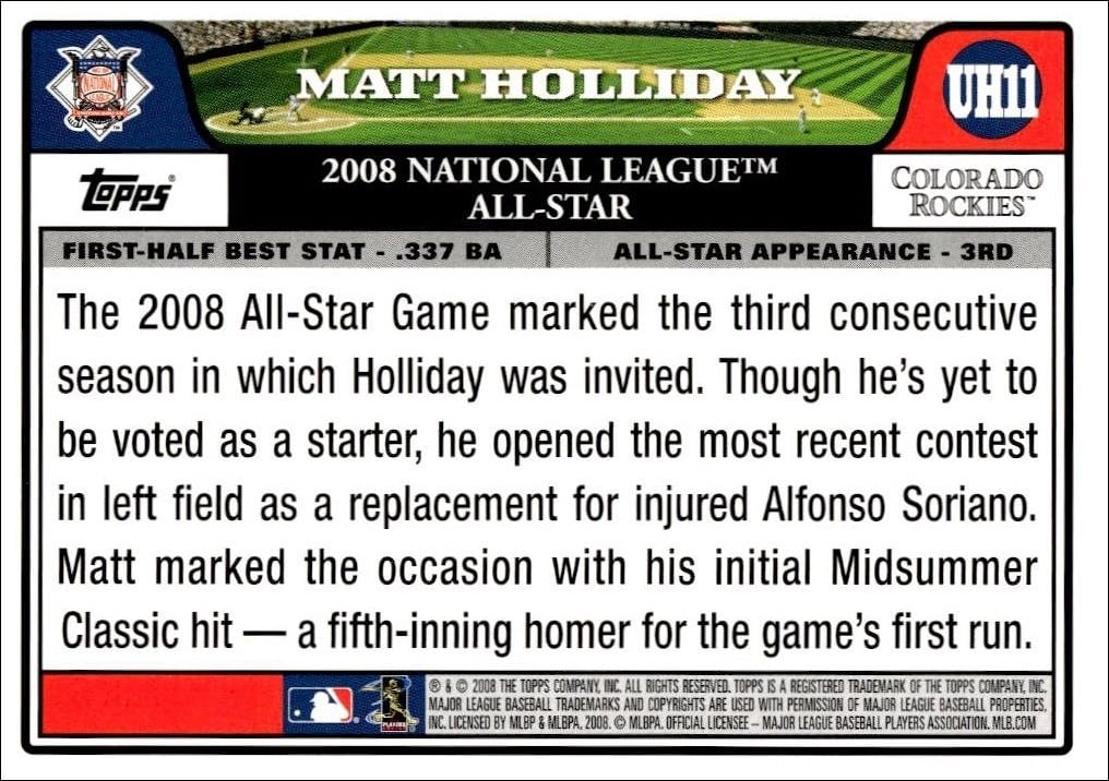 2008 Topps Updates & Highlights Matt Holliday #UH11 baseball trading card back