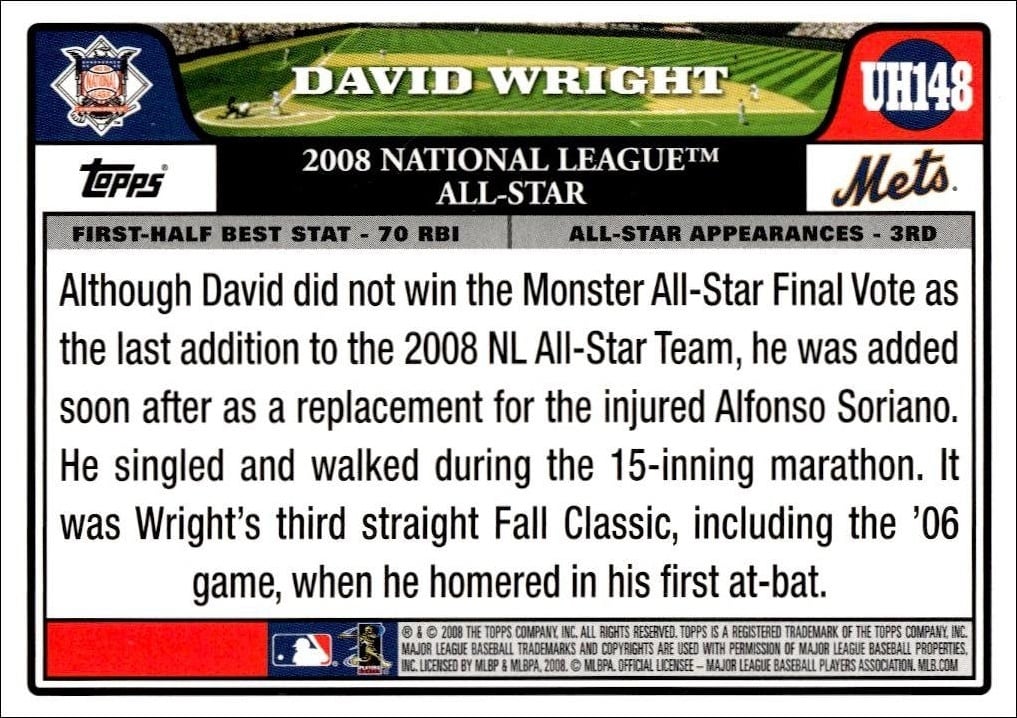 2008 Topps Updates & Highlights David Wright #UH148 baseball trading card back