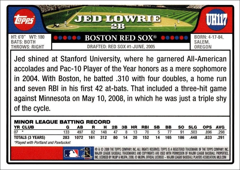 2008 Topps Updates & Highlights Jed Lowrie #UH117 baseball trading card back