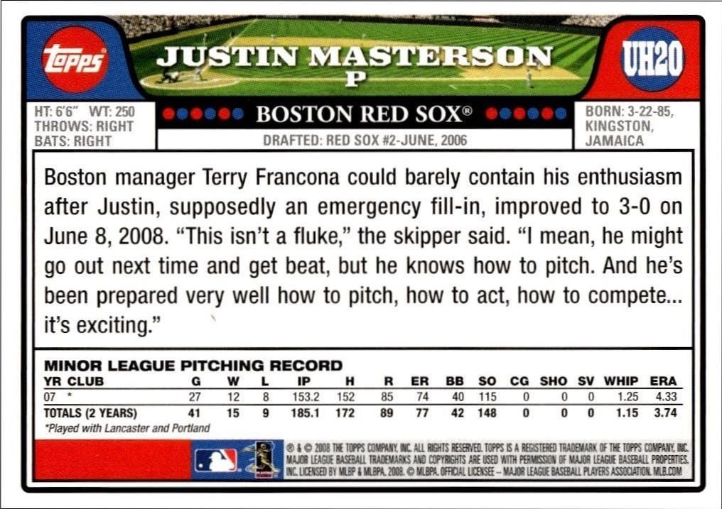 2008 Topps Updates & Highlights Justin Masterson #UH20 baseball trading card back