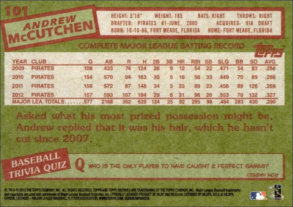 2013 Topps Archives Andrew McCutchen #101 baseball trading card back