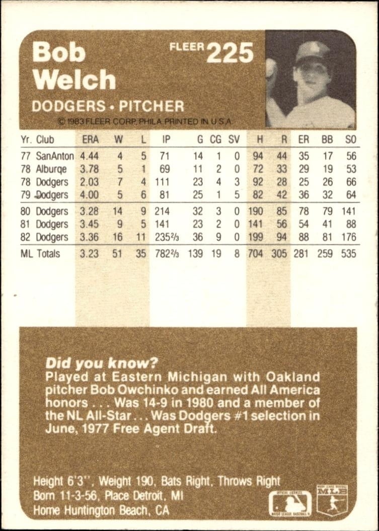 1983 Fleer Bob Welch #225 baseball trading card back