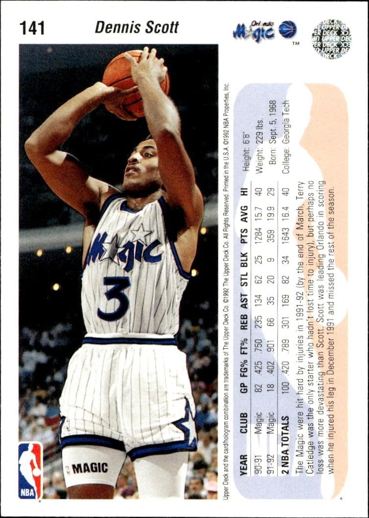 1992 Upper Deck Dennis Scott #141 basketball trading card back